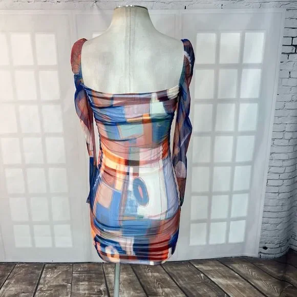 Princess poly multicolored long sleeve ruched body con mini dress size 4 - Picture 9 of 15